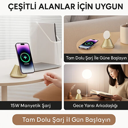 Premium 15W Manyetik Hızlı Wireless Kablosuz Şarj Standı Gece Lambalı Apple iPhone Android Uyumlu