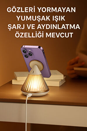 Premium 15W Manyetik Hızlı Wireless Kablosuz Şarj Standı Gece Lambalı Apple iPhone Android Uyumlu