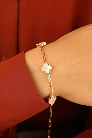 Beyaz Yonca Altın Bileklik