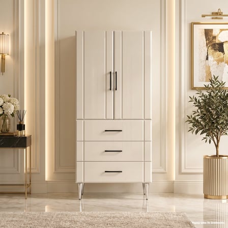 Saint-Tropez Çok Amaçlı Dolap 60 cm 2 Kapak 3 Çekmece Parlak Krem - Çok Amaçlı Çekmeceli Dolap