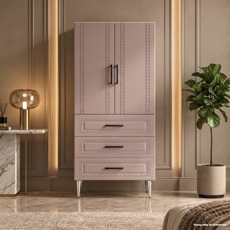 Murano Çok Amaçlı Dolap 60 cm 2 Kapak 3 Çekmece Soft Pudra - Çok Amaçlı Kiler Dolabı