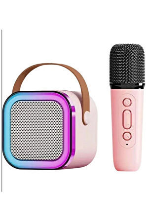 Karaoke Kablosuz Hoparlör Mikrofonlu Rgb Işıklı Bluetooth Speaker Tf Kart/Usb Pembe