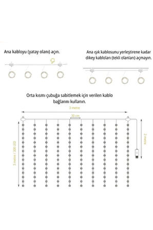 Lw-7 300 Ledli 10 Sarkıt Perde Led Işık, 8 Modlu Uzaktan Kumandalı, 3X3 Metre Peri Telli Led