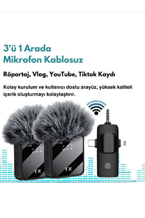 Yüksek Kalite Profesyonel 3 In 1 Kablosuz Taşınabilir Yaka Mikrofonu Tüylü