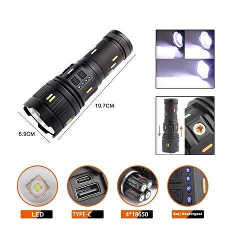 F-3001 Alüminyum Tg Led Güç Göstergeli Type-C Şarjlı El Feneri 100 W