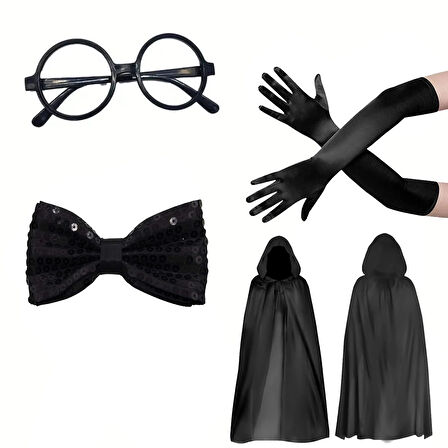 Siyah Kapüşonlu Büyücü Ve Cadı Pelerin Kostüm Seti (4 Parça)