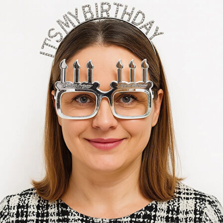 İt39S My Birthday Yazılı Taç Ve Mum Şekilli Gözlük Seti Gümüş Renk