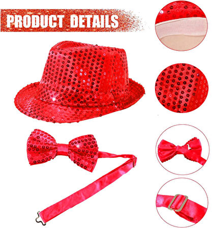 Kırmızı Payetli Şapka Ve Papyon Seti – Parıltılı Yetişkin Kostüm Seti