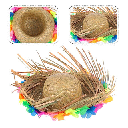 Naturel Renk Püsküllü Örme Hasır Hawaii Luau Aloha Şapka 13X36 Cm