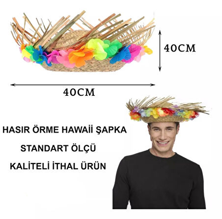 Naturel Renk Püsküllü Örme Hasır Hawaii Luau Aloha Şapka 13X36 Cm