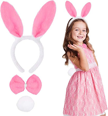 Pembe Tavşan Kostüm Seti – Taç, Papyon, Ponpon (12’Li Paket)