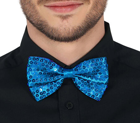 Gece Işıltısı Açık Turkuaz Payetli Pullu Papyon 7X2 Cm