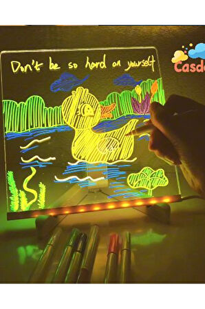 Neon Işıklı 7 Renk Işık Boyama Kalemli Led Resim Panosu Boyama Tahtası Kalemleri 20 X 20