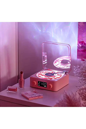 Waves Nostalji Plak Görünümlü Bluetooth Hoparlör 3D Ses Dalgası Müzik Plak Pembe