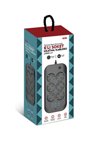 Termal Akım Korumalı, Çocuk Korumalı, 6’Lı 2 Mt Uzatma Kablosu 6 X Priz, 3 X Usb