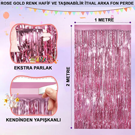 Rose Gold Renk Ekstra Metalize Parlak Saçaklı Arka Fon Perde İthal A Kalite 1X2 Metre