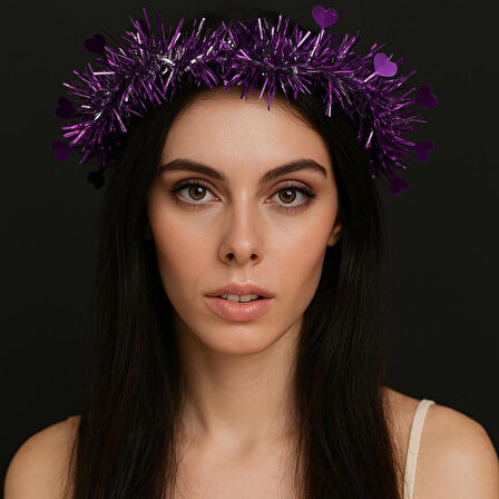 Kalp Püsküllü Gece Parıltısı 3 Modlu Led39Li Işıklı Taç Mor Renk