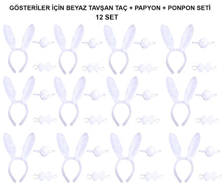 Beyaz Tavşan Kostüm Seti – Taç, Papyon, Kuyruk (12’Li Paket)