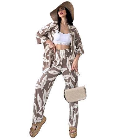 Alt Üst Takım Kimono- Desenli-Kahverengi