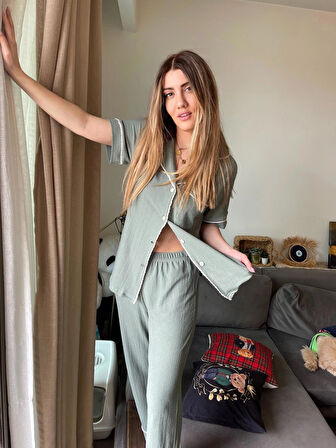 Khaki Green Gömlek Pantolon Pijama Takımı