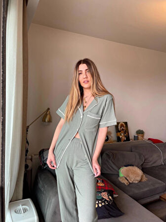 Khaki Green Gömlek Pantolon Pijama Takımı