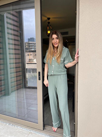 Khaki Green Gömlek Pantolon Pijama Takımı