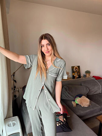 Khaki Green Gömlek Pantolon Pijama Takımı