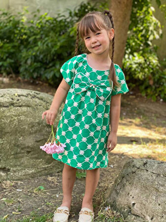 Kız Çocuk Pamuklu Çiçek Nakışlı Fiyonklu Yazlık Yeşil Elbise