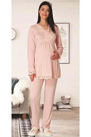 Carpediem L.R. 1517 Bayan Hamile Lohusa Pudra Sabahlık Pijama Set