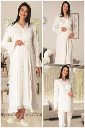 Carpediem LR 1519 Kadın Ekru 4 Parça Hamile Lohusa Gecelik Seti