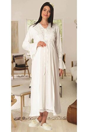 Carpediem LR 1519 Kadın Ekru 4 Parça Hamile Lohusa Gecelik Seti