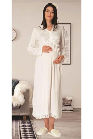Carpediem LR 1519 Kadın Ekru 4 Parça Hamile Lohusa Gecelik Seti