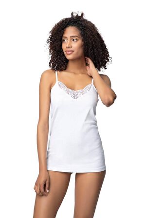 2 li Paket Özlem Kadın İp Askılı Güpürlü Ribana Atlet Beyaz 1315