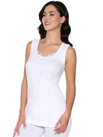 6 Adet Gümüş Kadın Ribana Güpürlü Geniş Askılı Atlet 3011