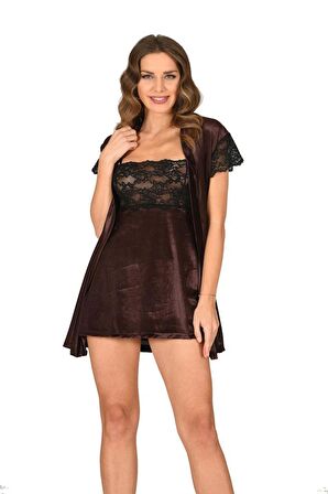 Sistina Kadın Kahverengi Kadife Sabahlık Gecelik Takım 1429