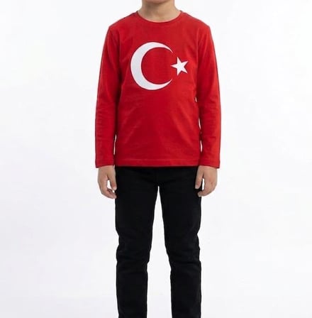 Erkek Çocuk Ay Yıldız Türk Bayraklı Uzun Kollu Tişört Kırmızı