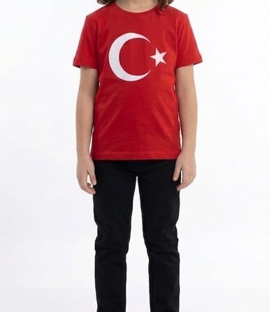 Kız Çocuk Ay Yıldız Türk Bayraklı Kısa Kollu Tişört Kırmızı