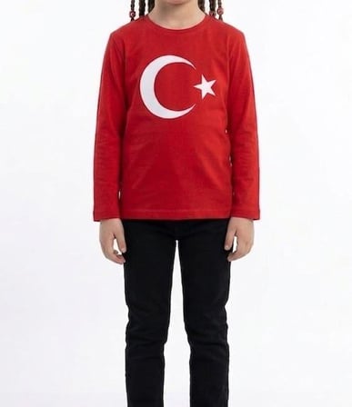 Kız Çocuk Ay Yıldız Türk Bayraklı Uzun Kollu Tişört Kırmızı