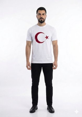 Erkek Ay Yıldızlı Türk Bayraklı Kısa Kol Tişört Beyaz