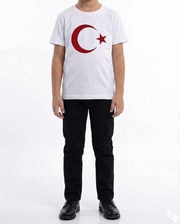 Erkek Çocuk Ay Yıldız Türk Bayraklı Kısa Kollu Tişört Beyaz