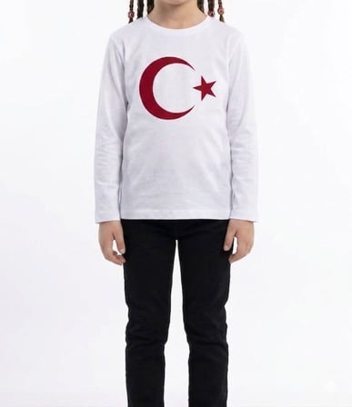 Kız Çocuk Ay Yıldız Türk Bayraklı Uzun Kollu Tişört Beyaz