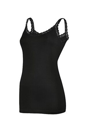 6 Adet Yıldız Kadın Likralı Dantelli Askılı Atlet Siyah 2281