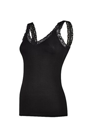 6 Adet Yıldız Modal Kadın Likralı Dantelli Askılı Atlet Siyah 2261