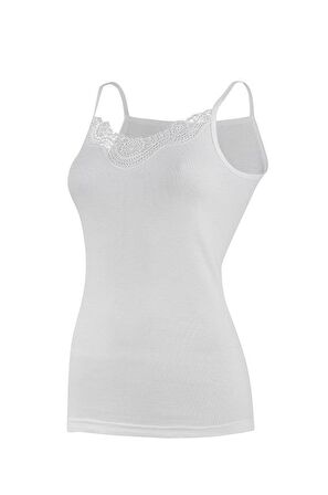 6 Adet Yıldız Kadın Ribana Güpürlü İp Askılı Atlet Beyaz 2041