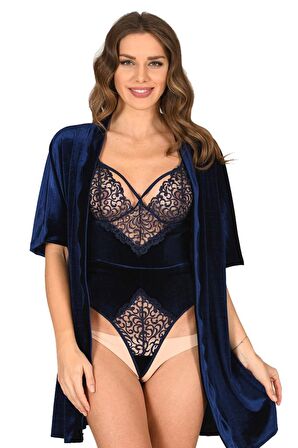 Sistina Kadın Lacivert Kadife Sabahlık Gecelik 2 li Takım 1433