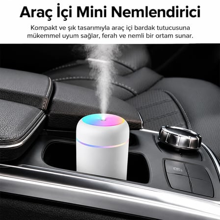 Araç İçi Mini Hava Nemlendirici | USB Ultrasonik Aroma Difüzörü | RGB LED Işıklı | Sessiz Çalışma | Bardak Tutuculu Tasarım