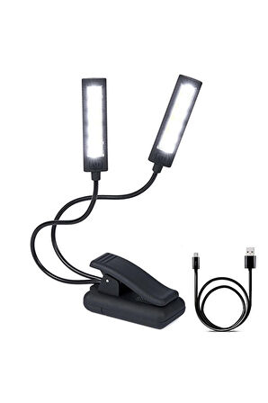 Mandallı Çift Başlıklı Smd Led Usb Pilli Kademeli Işık Kıskaçlı Kitap Okuma ve Masa Lambası