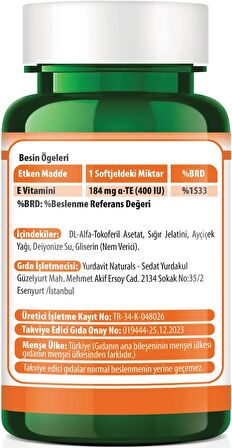 Yurdavit E Vitamini 400 IU 100 Softgel Vitamin E 