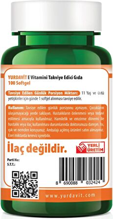 Yurdavit E Vitamini 400 IU 100 Softgel Vitamin E 