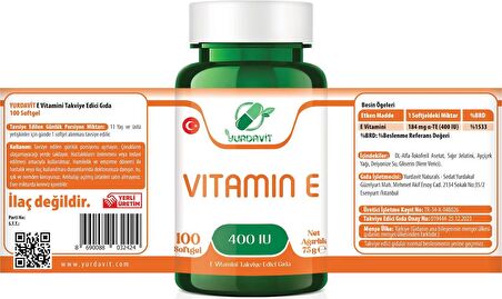 Yurdavit E Vitamini 400 IU 100 Softgel Vitamin E 